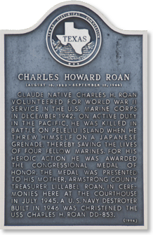 Plaque honoring Charles H. Roan in Claude, Texas