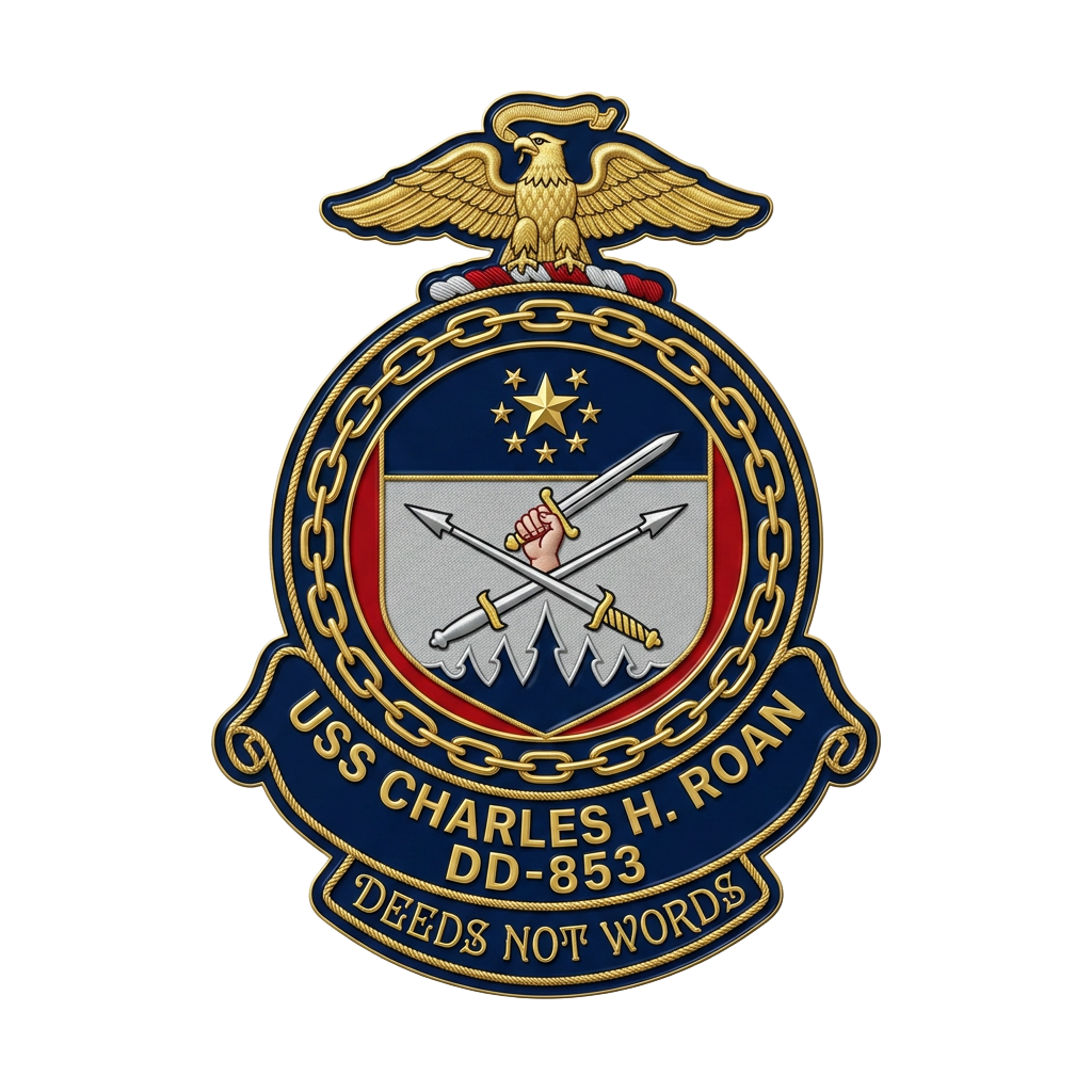 USS Charles H. Roan DD-853 ship's crest — Deeds Not Words